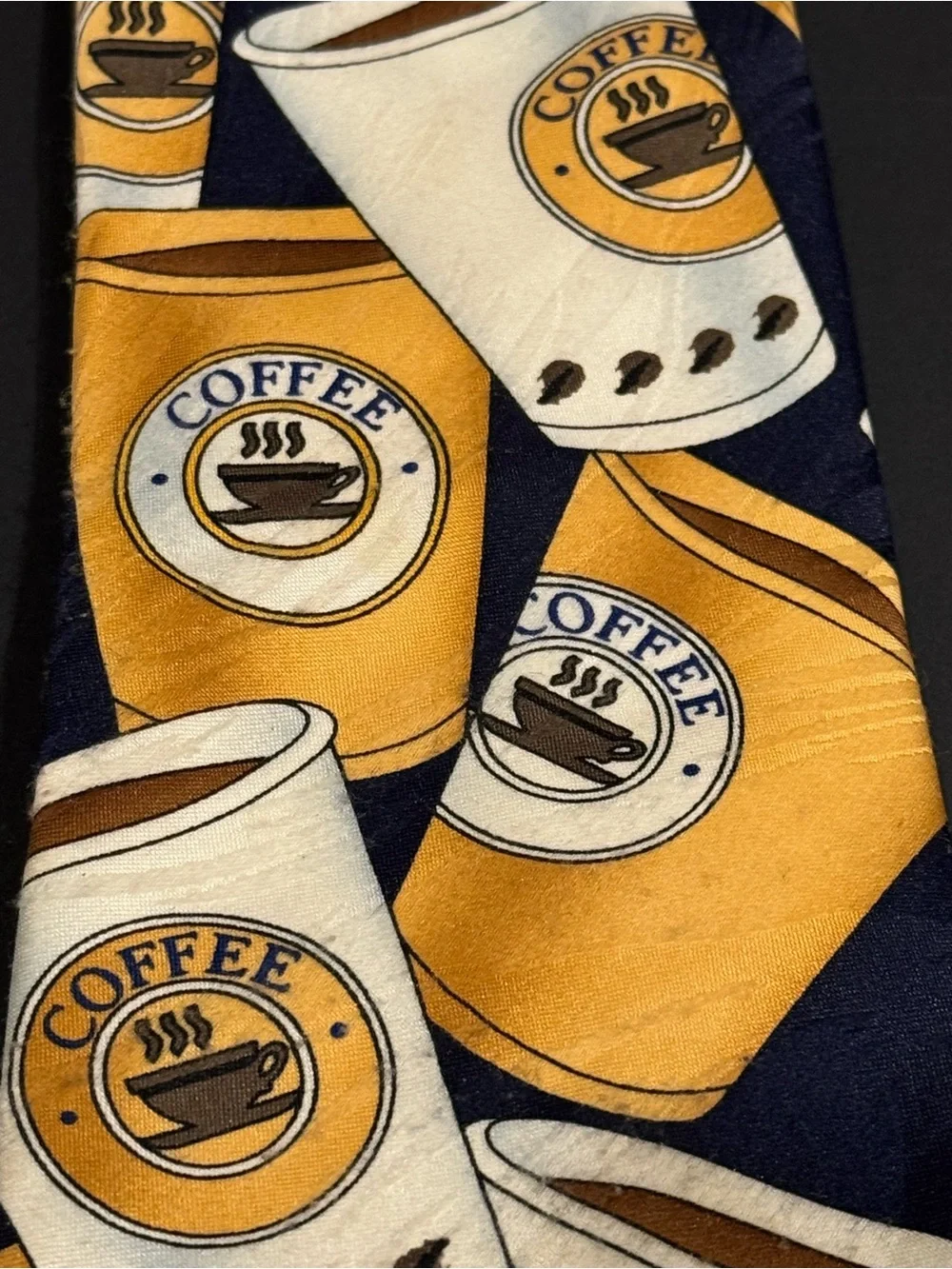 Keith Daniel’s Men's Coffee Cup Fun Print Neck Tie in Navy and Yellow